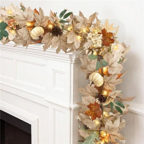 Fall Leaves Garland with Lights for Mantle Decor, 6 Ft Neutral Fall Ear Maple - Picture 1 of 7